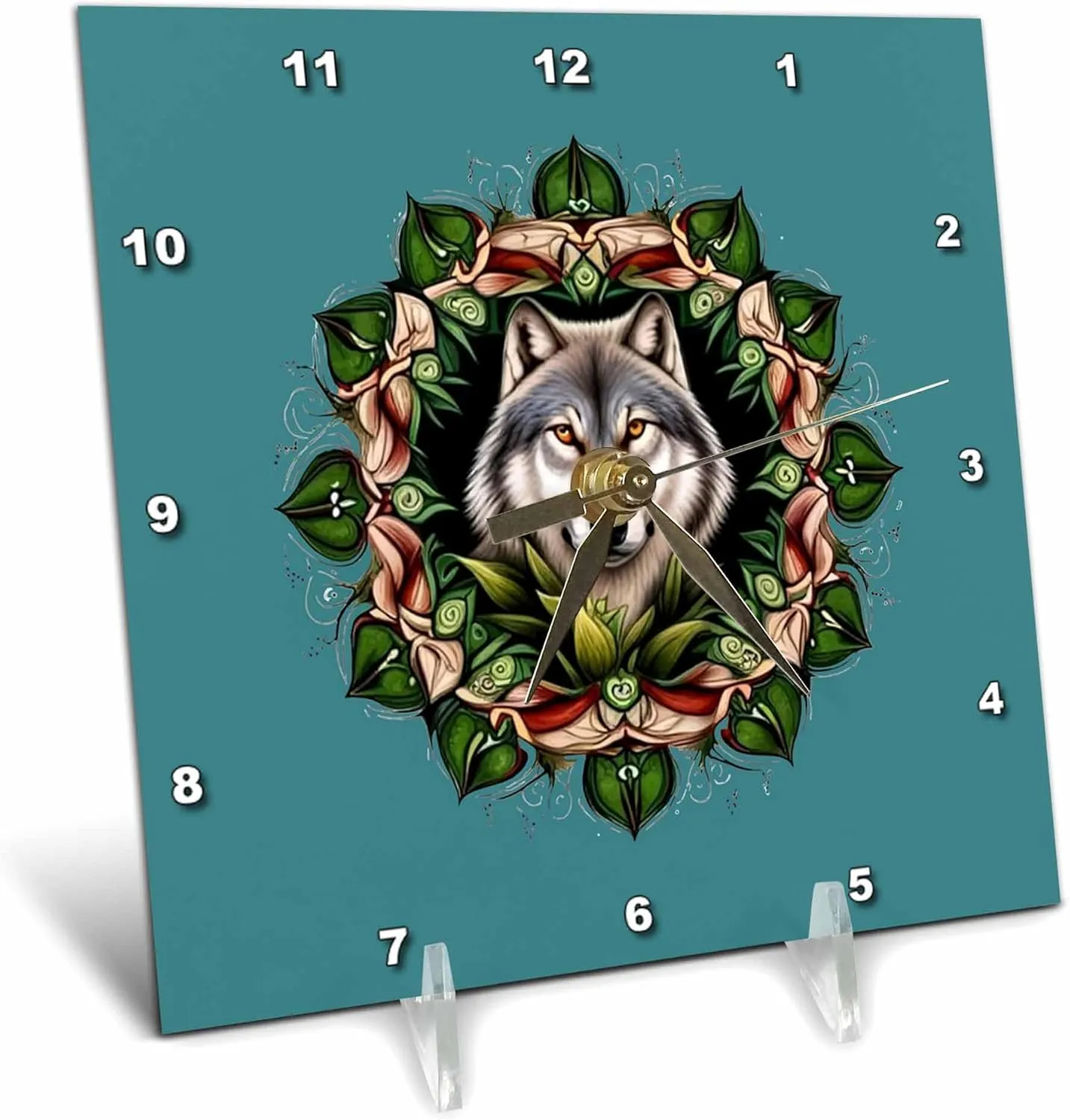 3dRose 6x6 Desk Clock - A Timber Wolf Surrounded by Ladys Slipper Minnesota State Tattoo Art Vector Art - Minnesota Mammal Flower