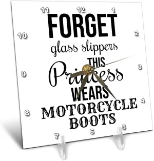 3dRose 6x6 Desk Clock - Forget Glass Slippers This Princess Wears Motorcycle Boots on White. Stamp City - Typography