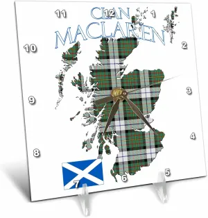 3dRose 6x6 Desk Clock - Outline of Scotland with The Maclaren Dress Clan Family Tartan. Creative Studios Scottish Tartans