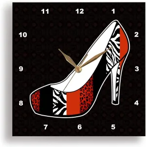 3dRose DPP_57145_1 I Love Shoes Animal Print High Heel Shoe Red Cheetah and Zebra Wall Clock, 10 by 10-Inch