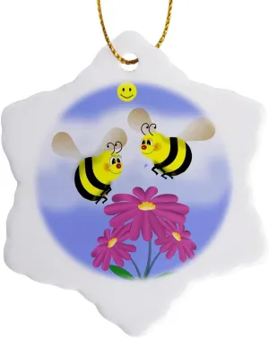 3dRose orn_20519_1 Bees in Love Two Bumble Bees Staring Lovingly at a Flower Porcelain Snowflake Ornament, 3-Inch