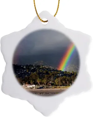 3dRose ORN_88693_1 CA, Santa Barbara, Chase Palm Beach and Rainbow - US05 WBI1032 - Walter Bibikow - Snowflake Ornament, Porcelain, 3-Inch