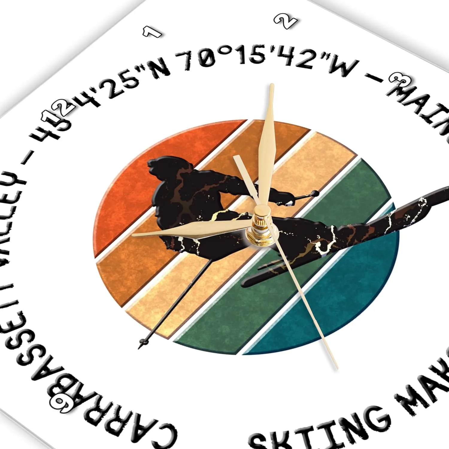 3dRose Wall Clock Silent - 10 inch - Carrabassett Valley, Maine. Man Skier on White. Alpine Skiing, USA - Alexis Design - American Skiing Places