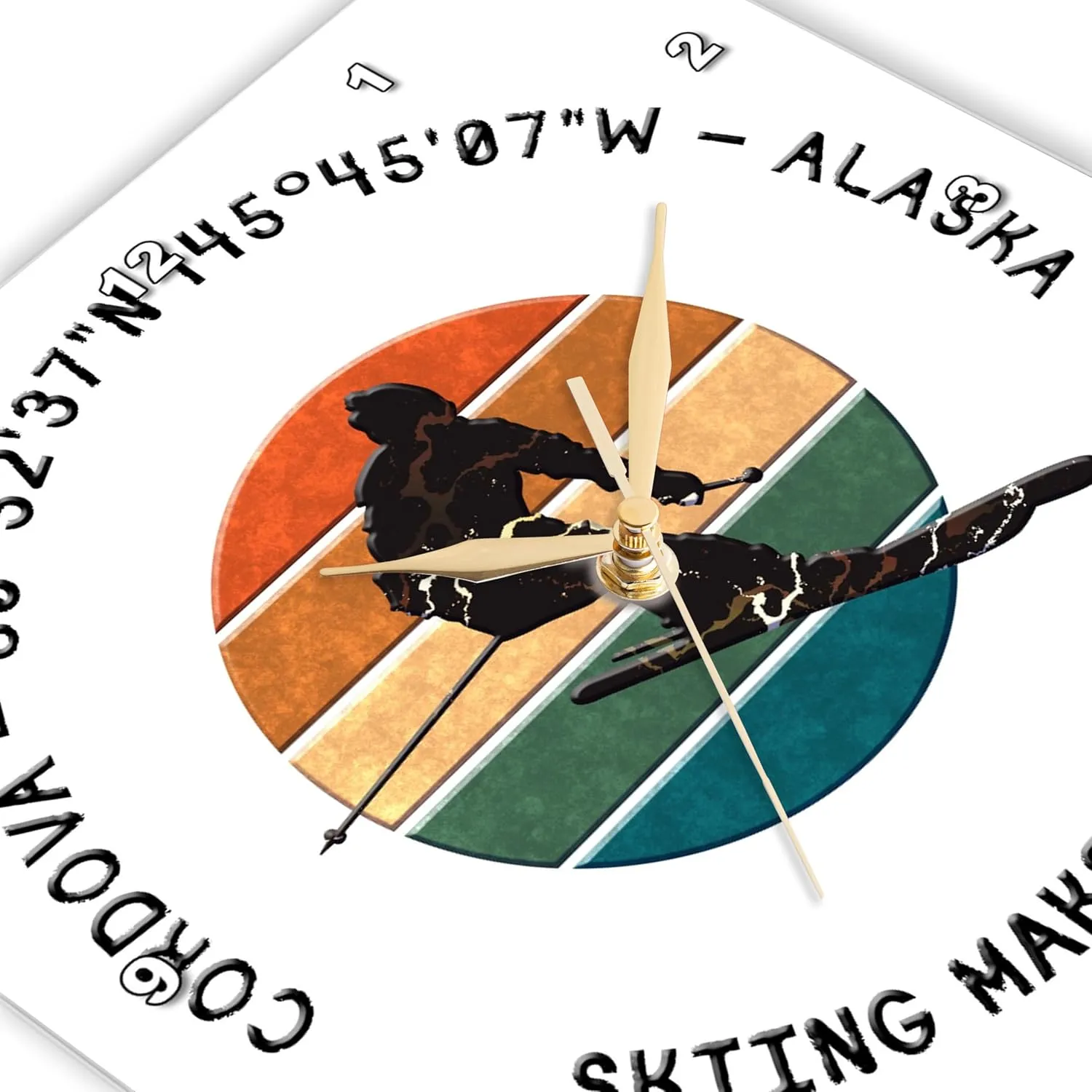 3dRose Wall Clock Silent - 10 inch - Cordova, Alaska. Man Skier on White. Alpine Skiing, America Gift - Alexis Design - American Skiing Places