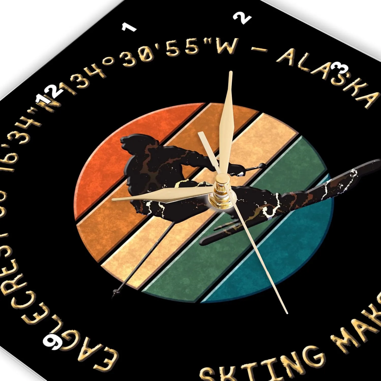 3dRose Wall Clock Silent - 10 inch - Eaglecrest, Alaska. Man Skier. Yellow, Black. Alpine Skiing Chic Gift - Alexis Design - American Skiing Places