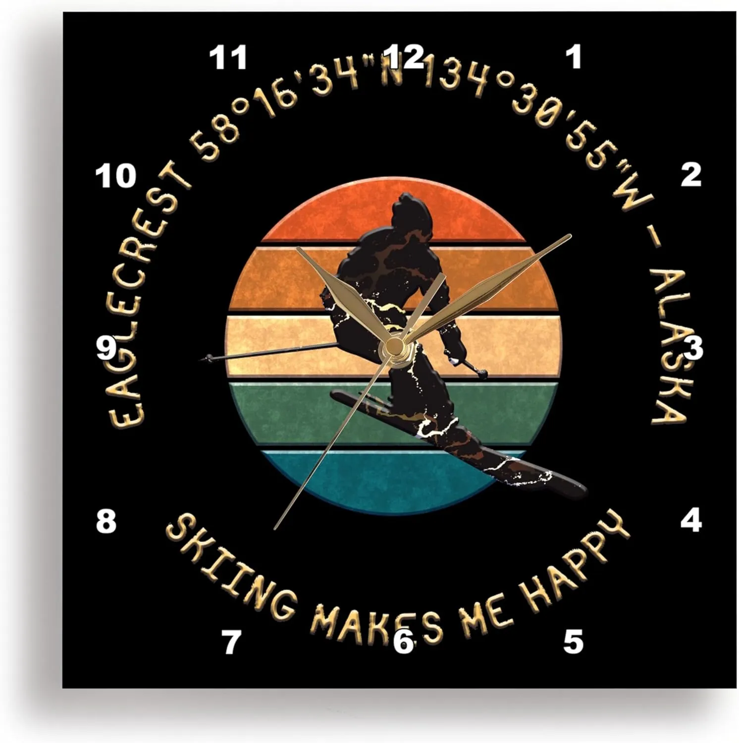 3dRose Wall Clock Silent - 10 inch - Eaglecrest, Alaska. Man Skier. Yellow, Black. Alpine Skiing Chic Gift - Alexis Design - American Skiing Places