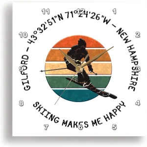 3dRose Wall Clock Silent - 10 inch - Gilford, New Hampshire. Man Skier on White. Alpine Skiing, America - Alexis Design - American Skiing Places
