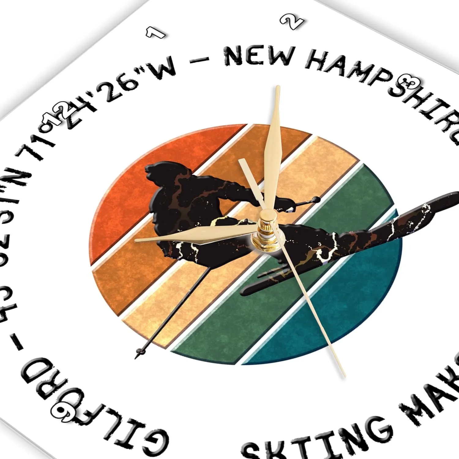 3dRose Wall Clock Silent - 10 inch - Gilford, New Hampshire. Man Skier on White. Alpine Skiing, America - Alexis Design - American Skiing Places