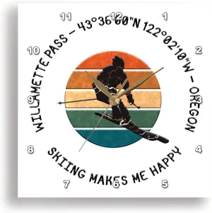 3dRose Wall Clock Silent - 10 inch - Willamette Pass, Oregon. Man Skier on White. Alpine Skiing, America - Alexis Design - American Skiing Places