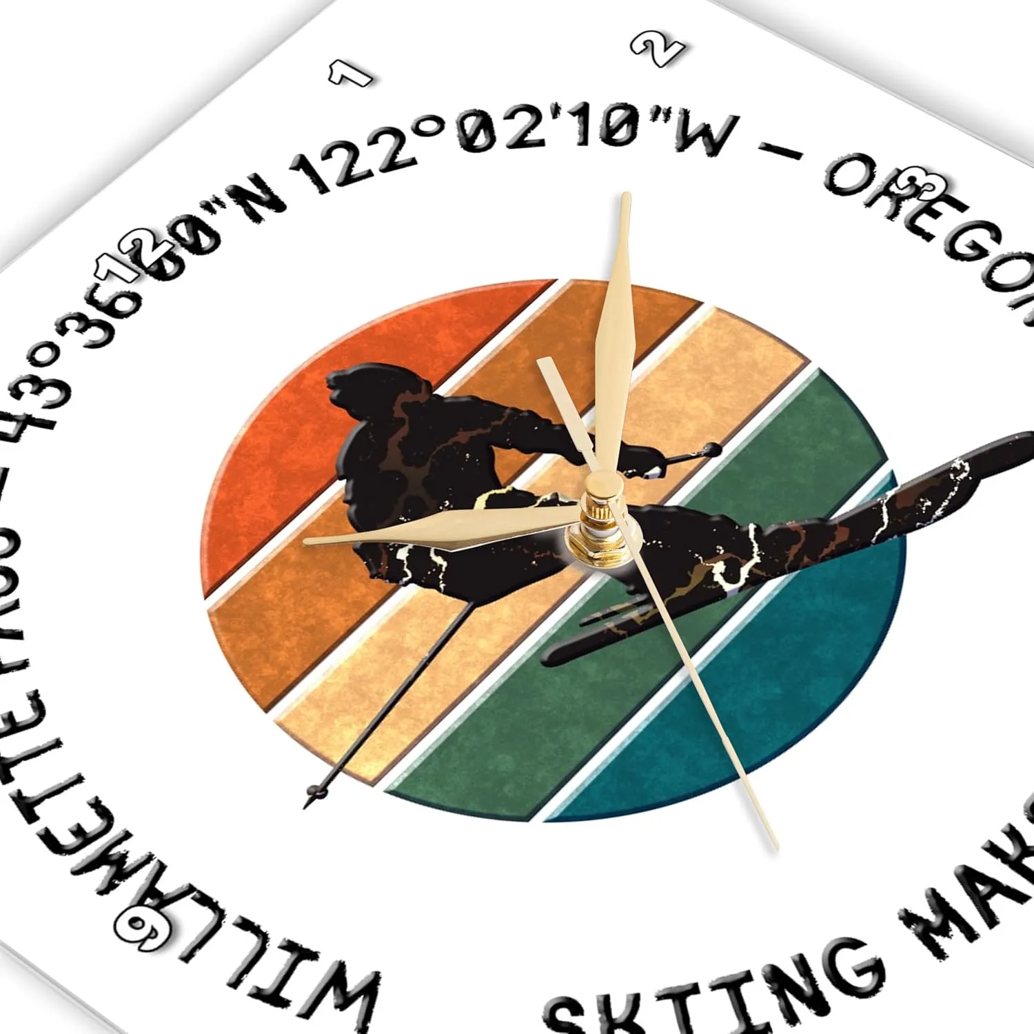 3dRose Wall Clock Silent - 10 inch - Willamette Pass, Oregon. Man Skier on White. Alpine Skiing, America - Alexis Design - American Skiing Places