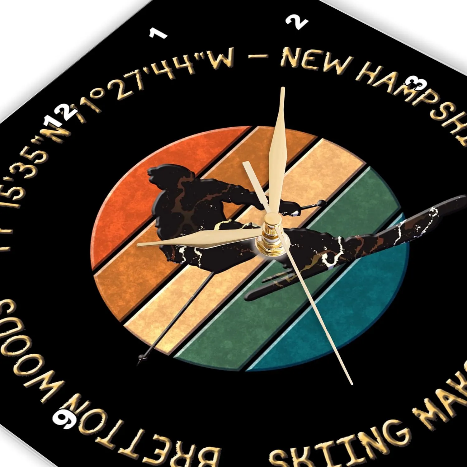 3dRose Wall Clock Silent - 13 inch - Bretton Woods, New Hampshire. Man Skier. Yellow, Black. Alpine Skiing - Alexis Design - American Skiing Places