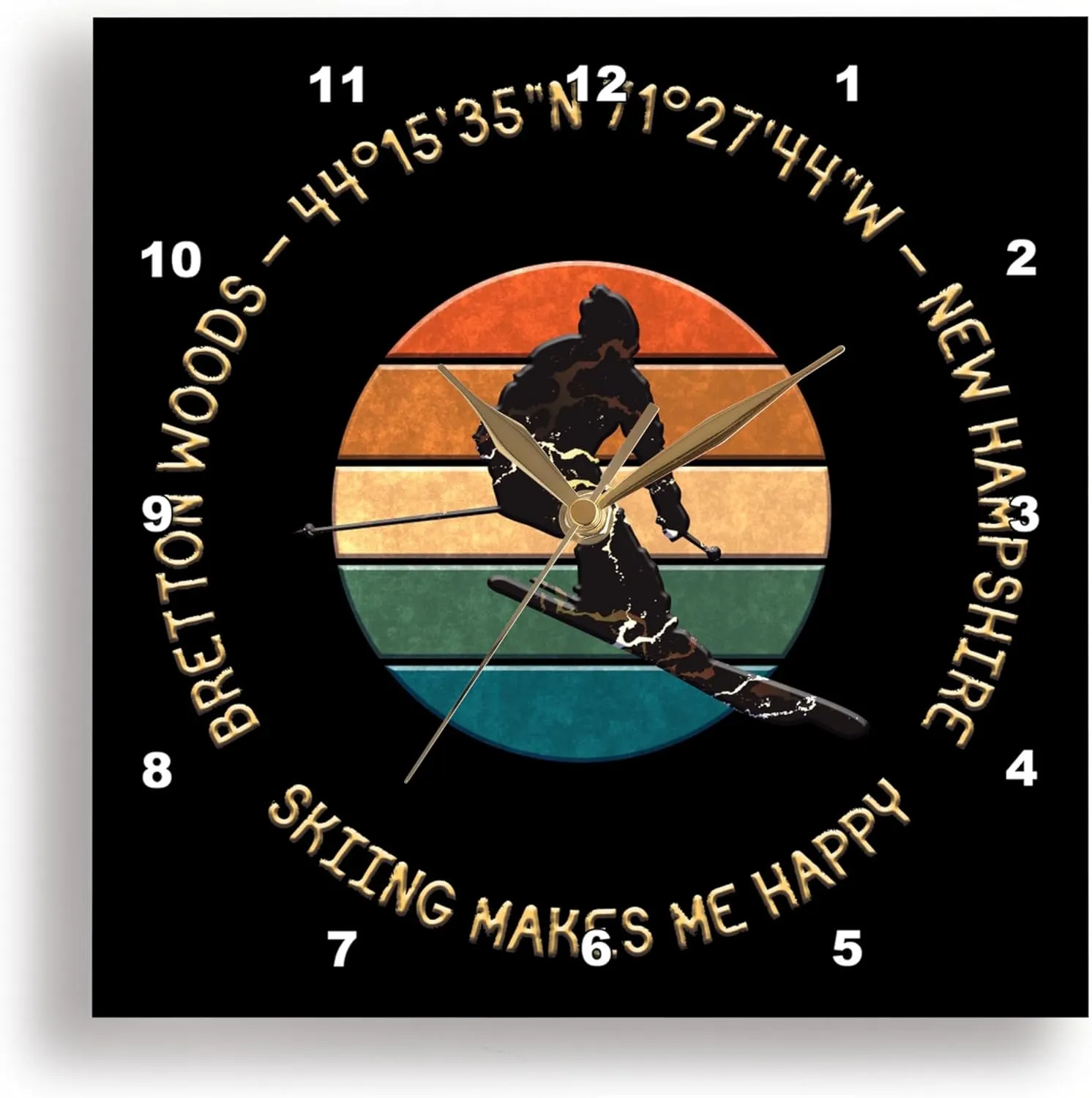 3dRose Wall Clock Silent - 13 inch - Bretton Woods, New Hampshire. Man Skier. Yellow, Black. Alpine Skiing - Alexis Design - American Skiing Places
