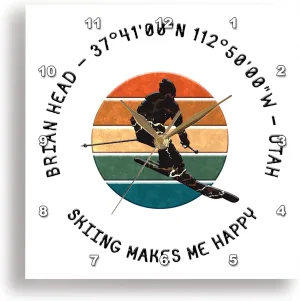 3dRose Wall Clock Silent - 13 inch - Brian Head, Utah. Man Skier on White. Alpine Skiing in America Gift - Alexis Design - American Skiing Places