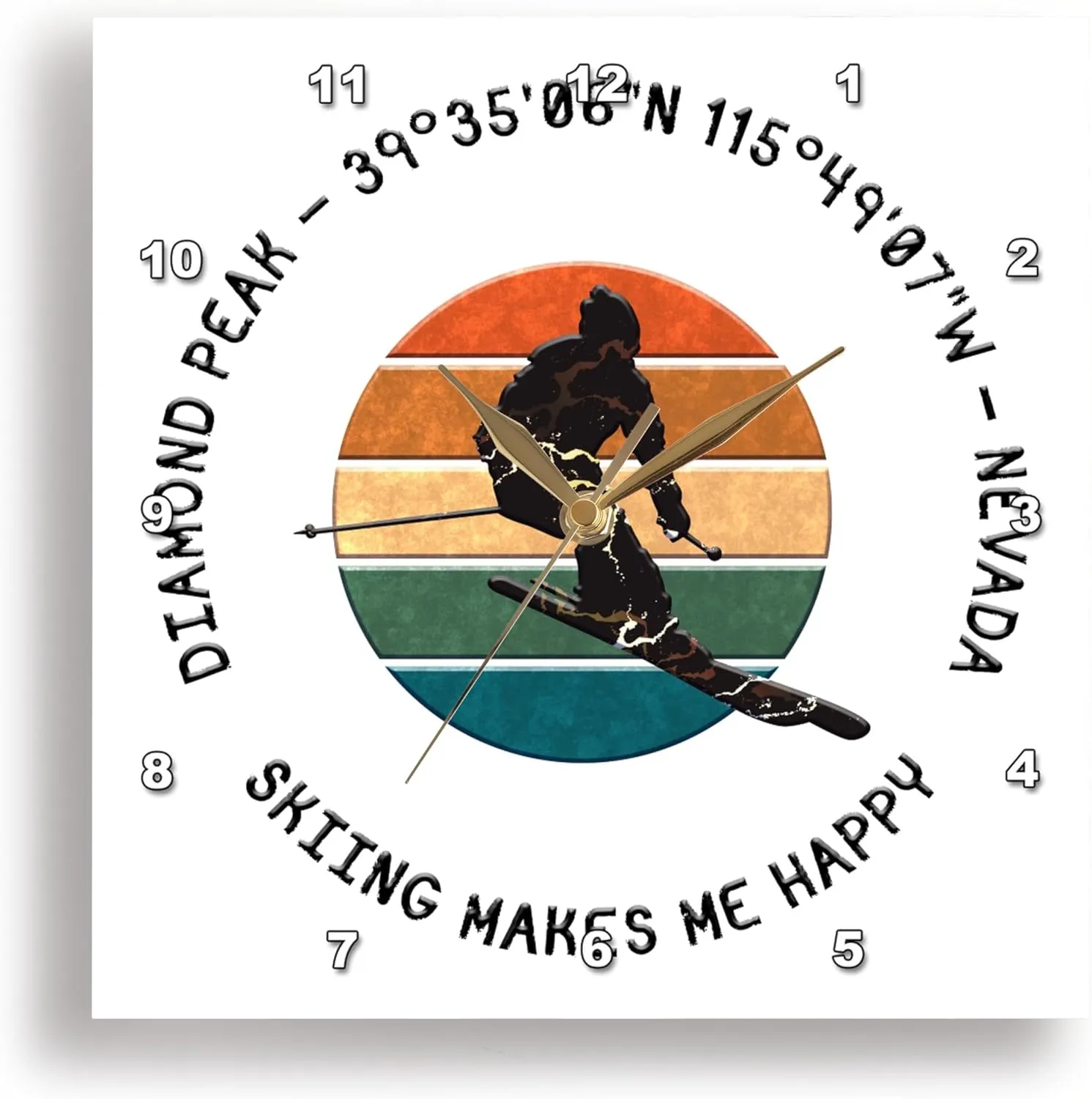 3dRose Wall Clock Silent - 13 inch - Diamond Peak, Nevada. Man Skier on White. Alpine Skiing, America Gift - Alexis Design - American Skiing Places
