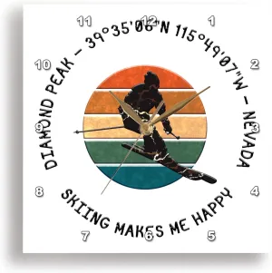 3dRose Wall Clock Silent - 13 inch - Diamond Peak, Nevada. Man Skier on White. Alpine Skiing, America Gift - Alexis Design - American Skiing Places