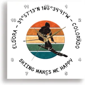 3dRose Wall Clock Silent - 13 inch - Eldora, Colorado. Man Skier on White. Alpine Skiing, America, Gift - Alexis Design - American Skiing Places
