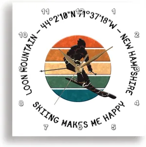 3dRose Wall Clock Silent - 13 inch - Loon Mountain, New Hampshire. Man Skier on White. Alpine Skiing, USA - Alexis Design - American Skiing Places