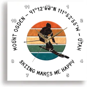 3dRose Wall Clock Silent - 13 inch - Mount Ogden, Utah. Man Skier on White. Alpine Skiing, America Gift - Alexis Design - American Skiing Places