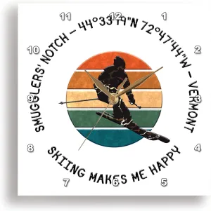 3dRose Wall Clock Silent - 13 inch - Smugglers Notch, Vermont. Man Skier on White. Alpine Skiing, America - Alexis Design - American Skiing Places