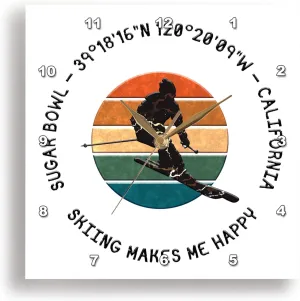 3dRose Wall Clock Silent - 13 inch - Sugar Bowl, California. Man Skier on White. Alpine Skiing in The USA - Alexis Design - American Skiing Places