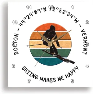 3dRose Wall Clock Silent - 15 inch - Bolton, Vermont. Man Skier on White. Alpine Skiing in America Gift - Alexis Design - American Skiing Places