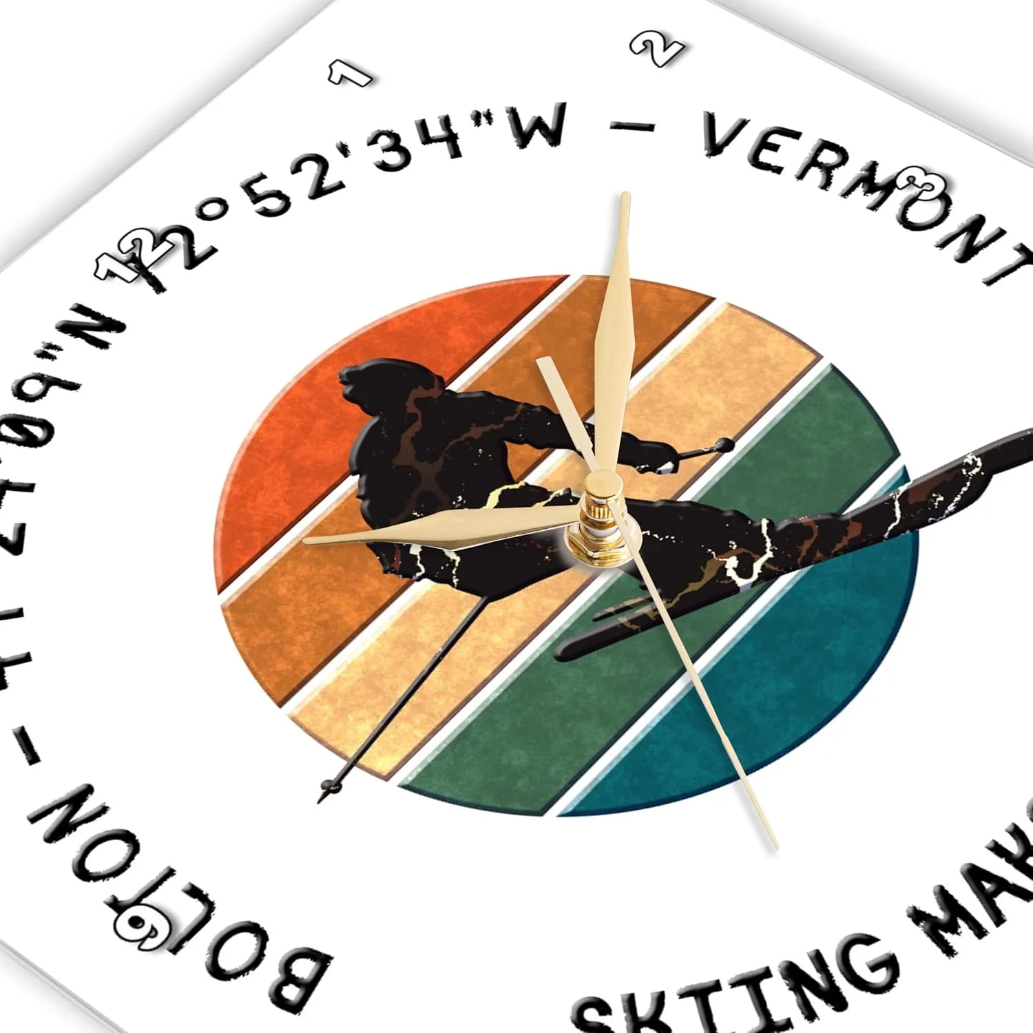 3dRose Wall Clock Silent - 15 inch - Bolton, Vermont. Man Skier on White. Alpine Skiing in America Gift - Alexis Design - American Skiing Places