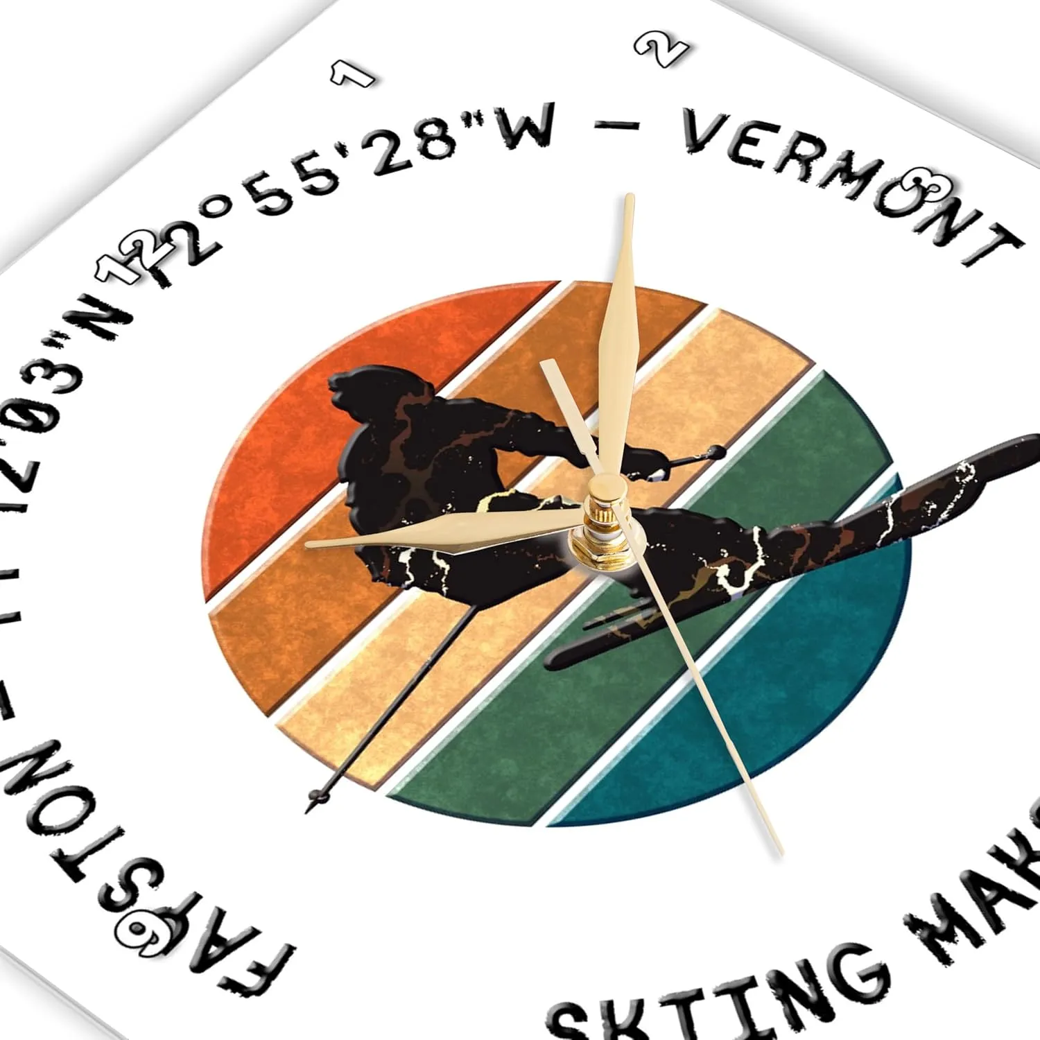 3dRose Wall Clock Silent - 15 inch - Fayston, Vermont. Man Skier on White. Alpine Skiing, America Gift - Alexis Design - American Skiing Places