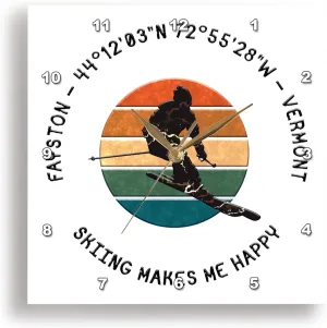 3dRose Wall Clock Silent - 15 inch - Fayston, Vermont. Man Skier on White. Alpine Skiing, America Gift - Alexis Design - American Skiing Places