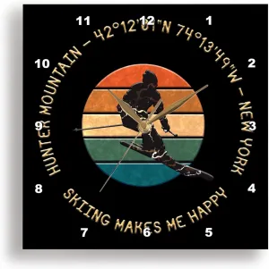 3dRose Wall Clock Silent - 15 inch - Hunter Mountain, New York. Man Skier. Yellow, Black. Alpine Skiing - Alexis Design - American Skiing Places