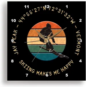 3dRose Wall Clock Silent - 15 inch - Jay Peak, Vermont. Man Skier. Yellow, Black. Alpine Skiing Alexis Design - American Skiing Places