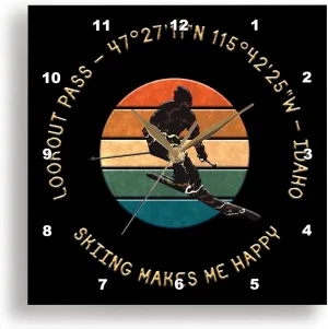 3dRose Wall Clock Silent - 15 inch - Lookout Pass, Idaho. Man Skier. Yellow, Black. Alpine Skiing Gift - Alexis Design - American Skiing Places