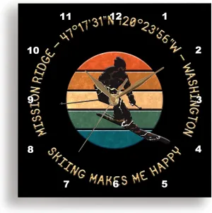 3dRose Wall Clock Silent - 15 inch - Mission Ridge, Washington. Man Skier. Yellow, Black. Alpine Skiing - Alexis Design - American Skiing Places