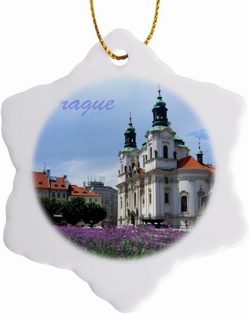 3dRose Prague, Czech Republic Travel Souvenir-Church of St, Nicholas in Old Town Square-Purple Flowers Snowflake Ornament