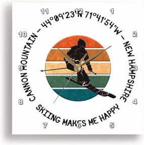 3dRose Wall Clock Silent - 13 inch - Cannon Mountain, New Hampshire. Man Skier on White. Alpine ski, USA - Alexis Design - American Skiing Places