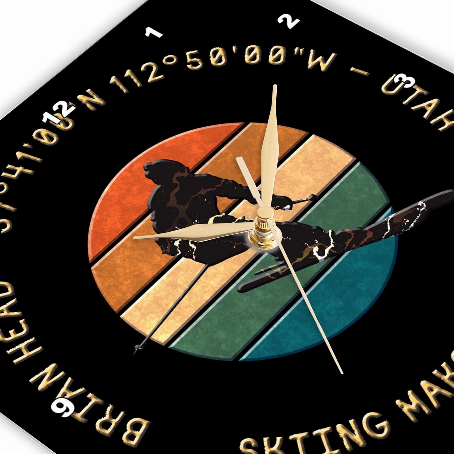 3dRose Wall Clock Silent - 15 inch - Brian Head, Utah. Man Skier. Yellow, Black. Alpine Skiing Alexis Design - American Skiing Places