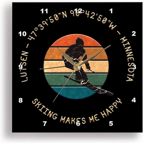 3dRose Wall Clock Silent - 15 inch - Lutsen, Minnesota. Man Skier. Yellow, Black. Alpine Skiing Chic Gift - Alexis Design - American Skiing Places
