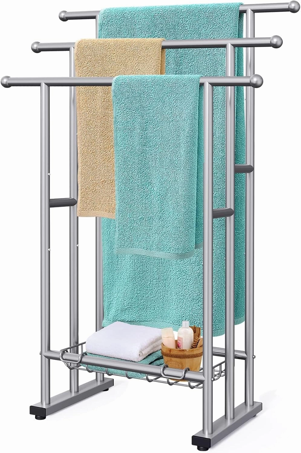 40" Tall Freestanding Towel Racks for Bathroom, 3 Tier Floor Towel Rack with Storage Basket, Blanket Ladder Drying and Display Rack for Large Bath & Hand Towel Outdoor Poolside (Silver)