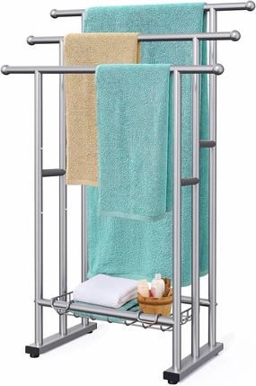 40" Tall Freestanding Towel Racks for Bathroom, 3 Tier Floor Towel Rack with Storage Basket, Blanket Ladder Drying and Display Rack for Large Bath & Hand Towel Outdoor Poolside (Silver)