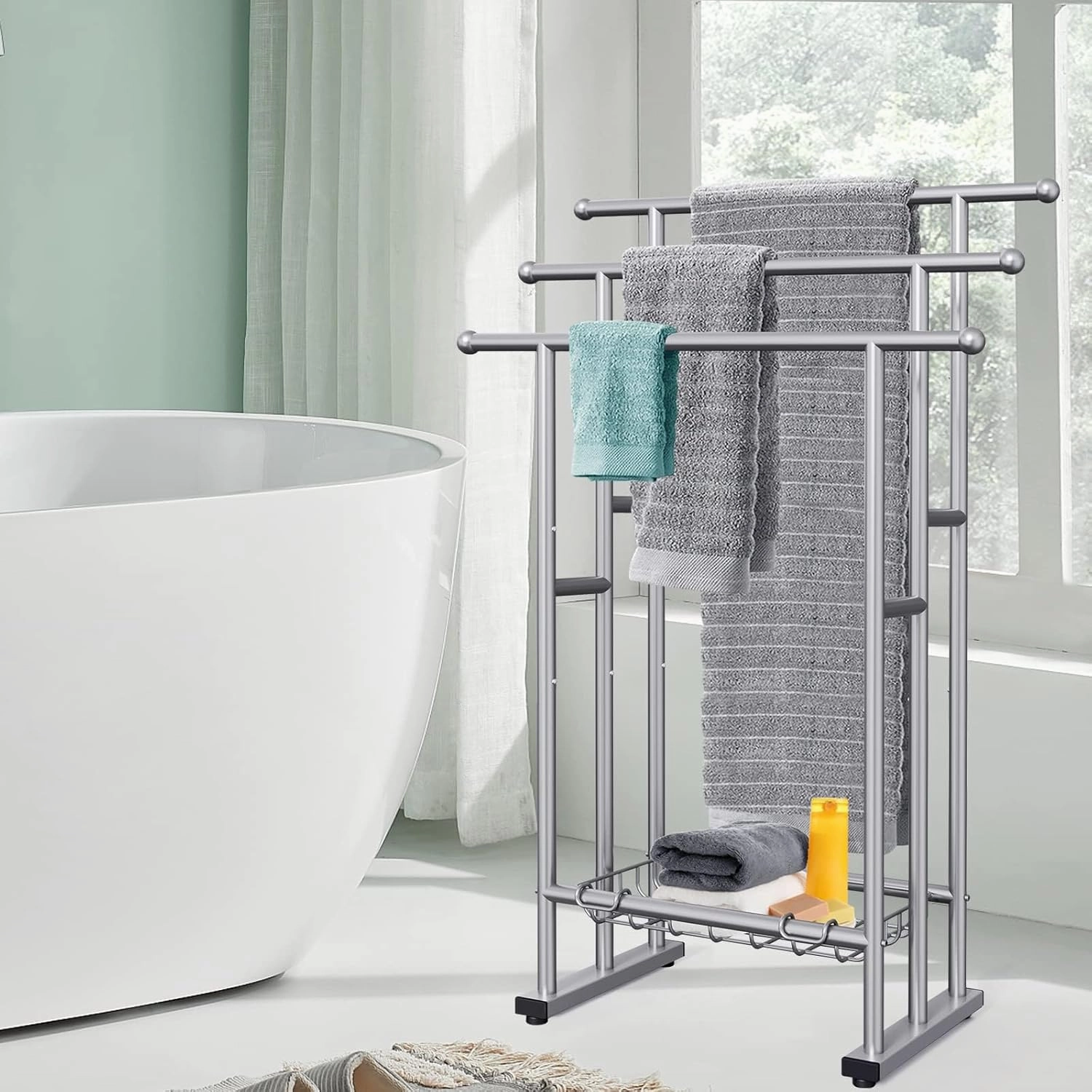 40" Tall Freestanding Towel Racks for Bathroom, 3 Tier Floor Towel Rack with Storage Basket, Blanket Ladder Drying and Display Rack for Large Bath & Hand Towel Outdoor Poolside (Silver)