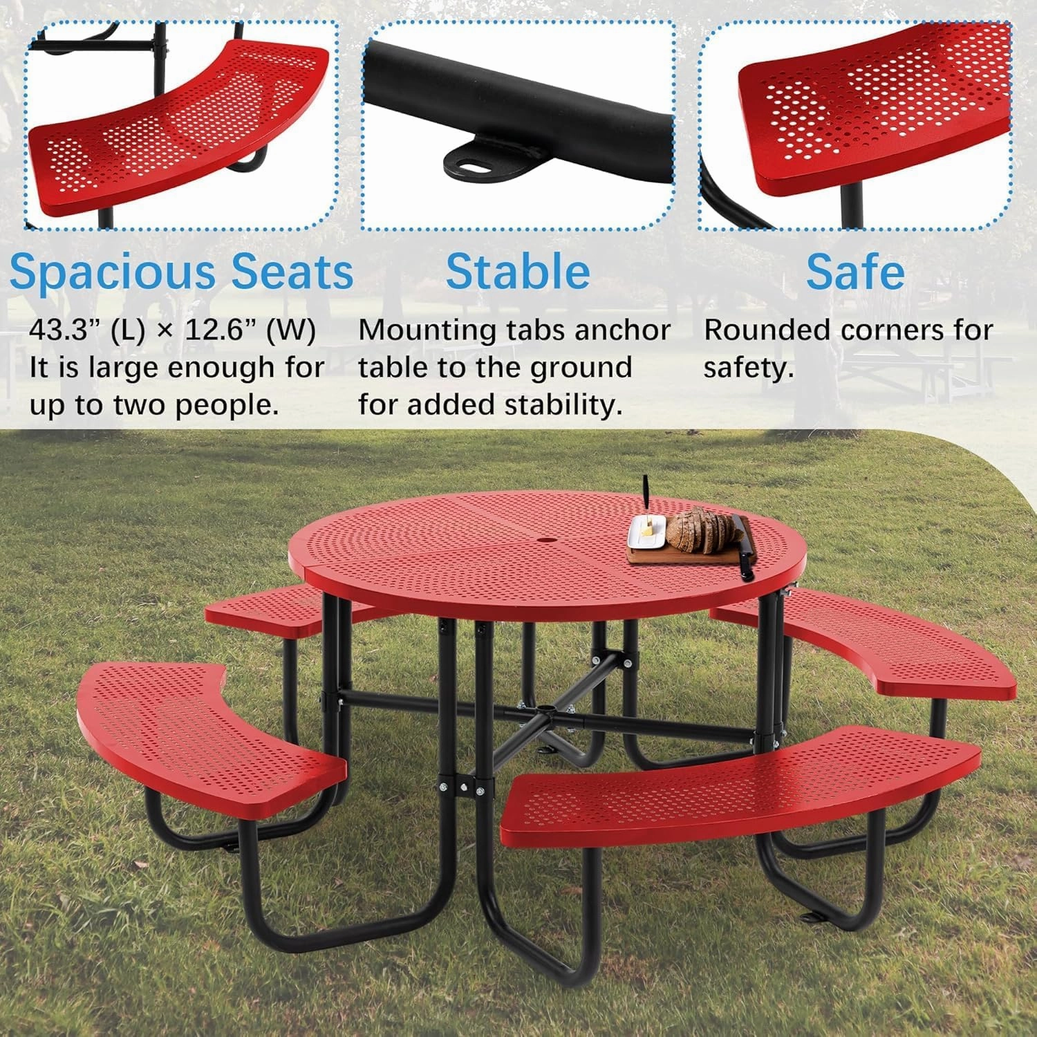 46" Outdoor Round Perforated Picnic Table with Umbrella Hole – Heavy-Duty Metal Camping Table, Powder-Coated Steel, Family & Party Ready for School, Red