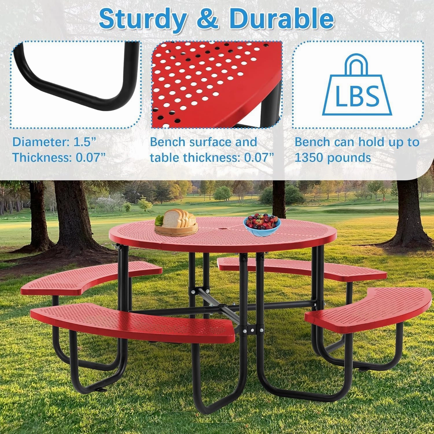 46" Outdoor Round Perforated Picnic Table with Umbrella Hole – Heavy-Duty Metal Camping Table, Powder-Coated Steel, Family & Party Ready for School, Red