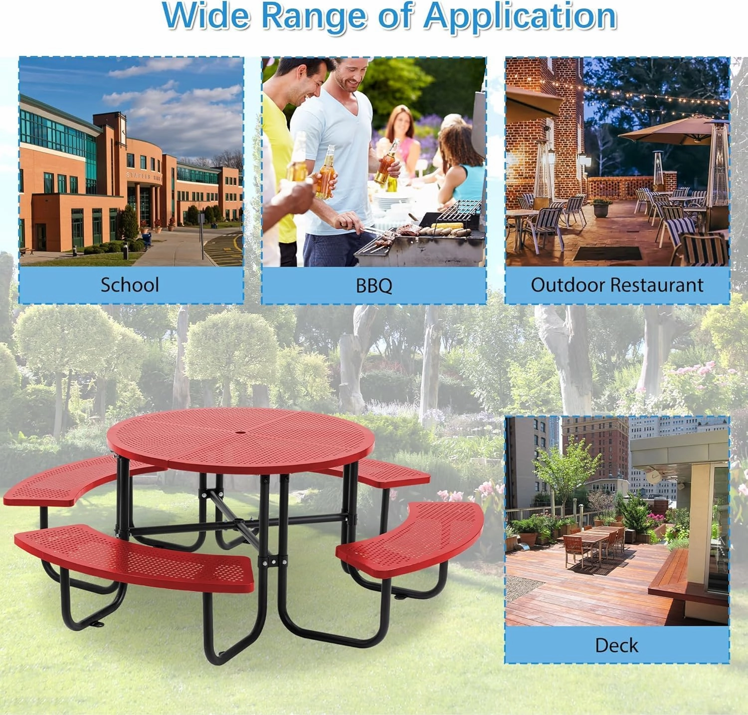46" Outdoor Round Perforated Picnic Table with Umbrella Hole – Heavy-Duty Metal Camping Table, Powder-Coated Steel, Family & Party Ready for School, Red