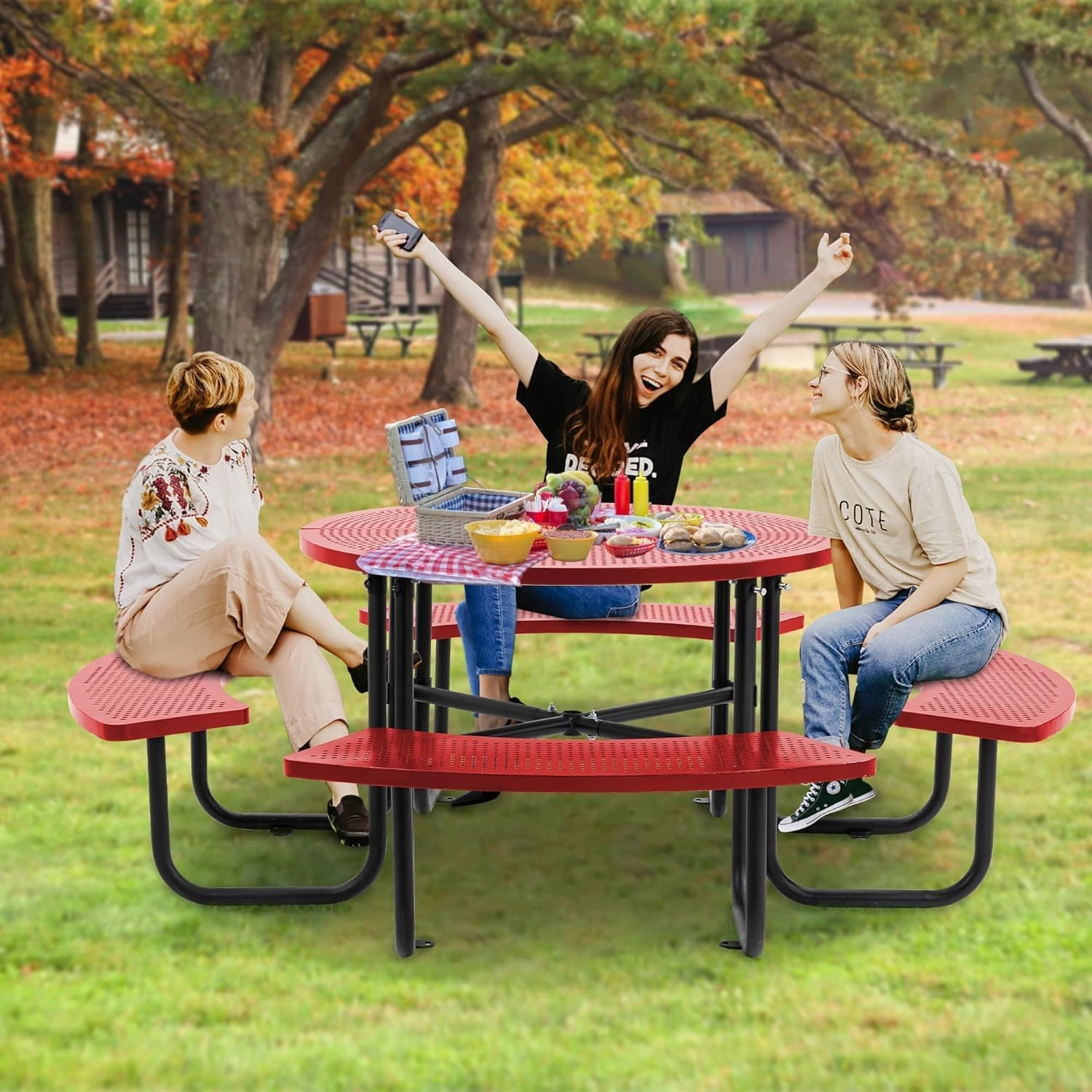 46" Outdoor Round Perforated Picnic Table with Umbrella Hole – Heavy-Duty Metal Camping Table, Powder-Coated Steel, Family & Party Ready for School, Red