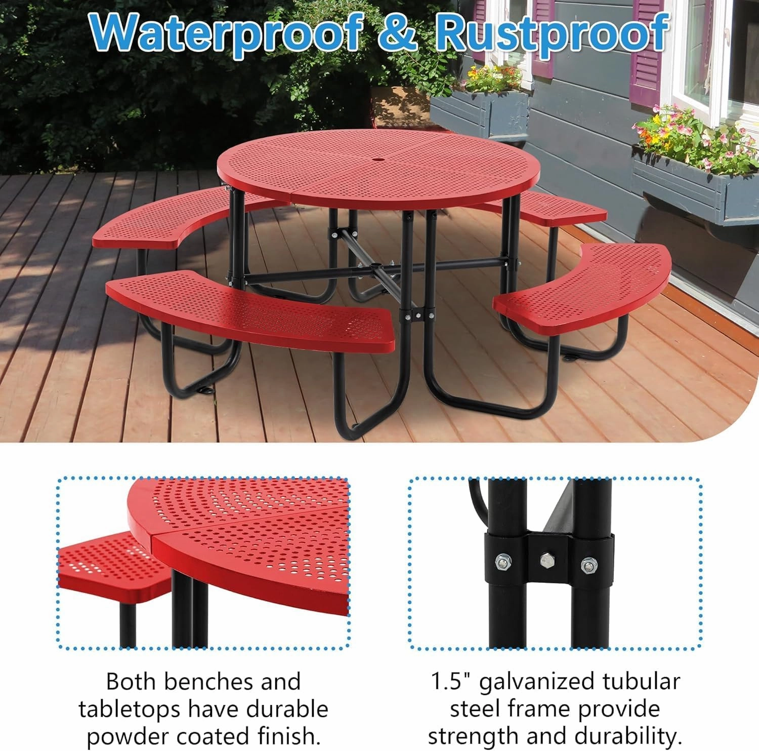 46" Outdoor Round Perforated Picnic Table with Umbrella Hole – Heavy-Duty Metal Camping Table, Powder-Coated Steel, Family & Party Ready for School, Red