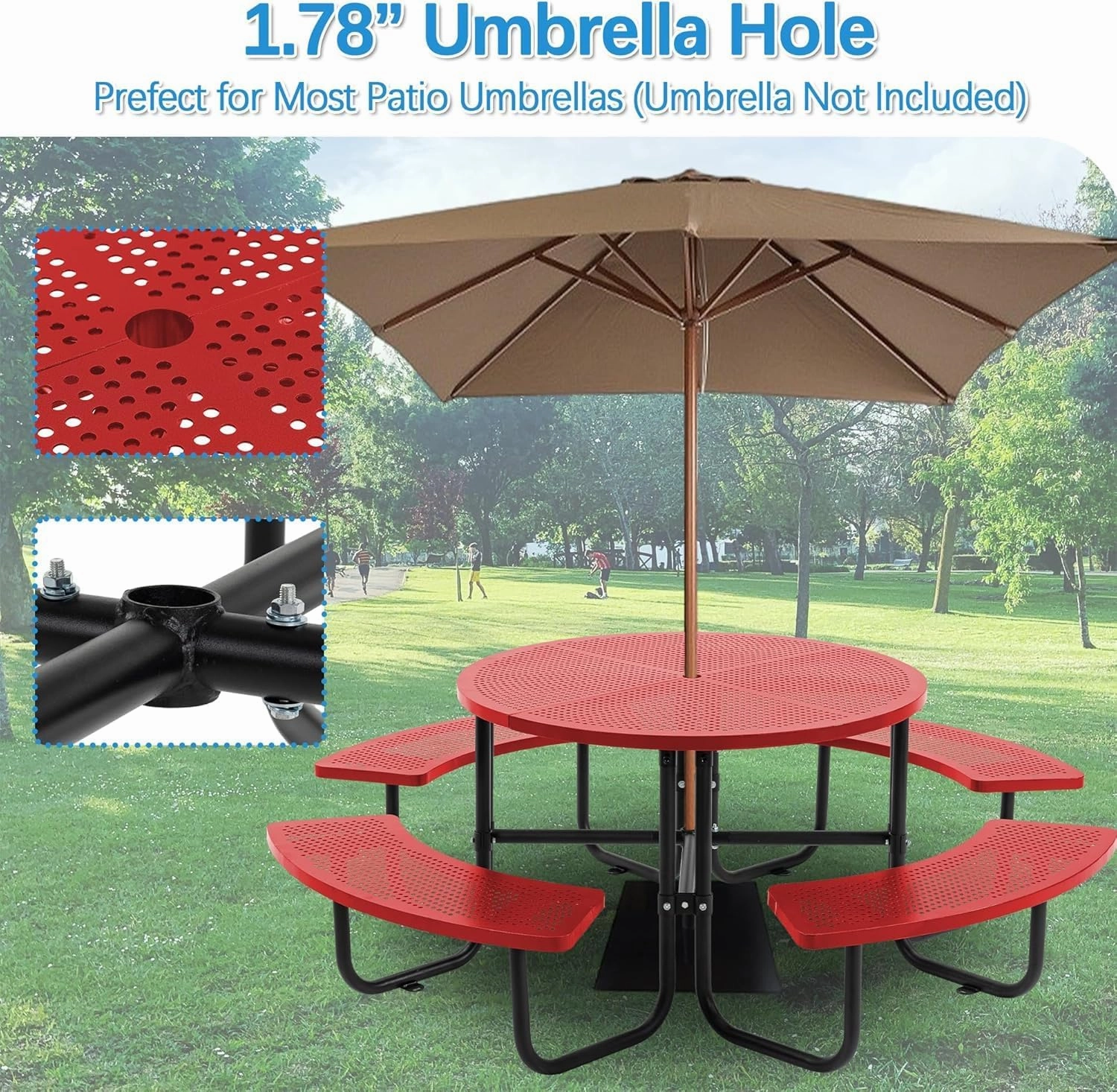 46" Outdoor Round Perforated Picnic Table with Umbrella Hole – Heavy-Duty Metal Camping Table, Powder-Coated Steel, Family & Party Ready for School, Red