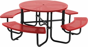 46" Outdoor Round Perforated Picnic Table with Umbrella Hole – Heavy-Duty Metal Camping Table, Powder-Coated Steel, Family & Party Ready for School, Red