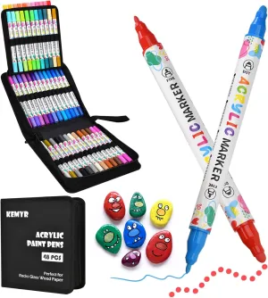 48 Colors Acrylic Paint Pens, Dual Tip Acrylic Paint Markers for Paper, Wood, Canvas, Stone, Rock Painting, Glass, Fabric, DIY, Ceramic, Art Supplies for Kids and Adults Drawing (Dot   Fine)