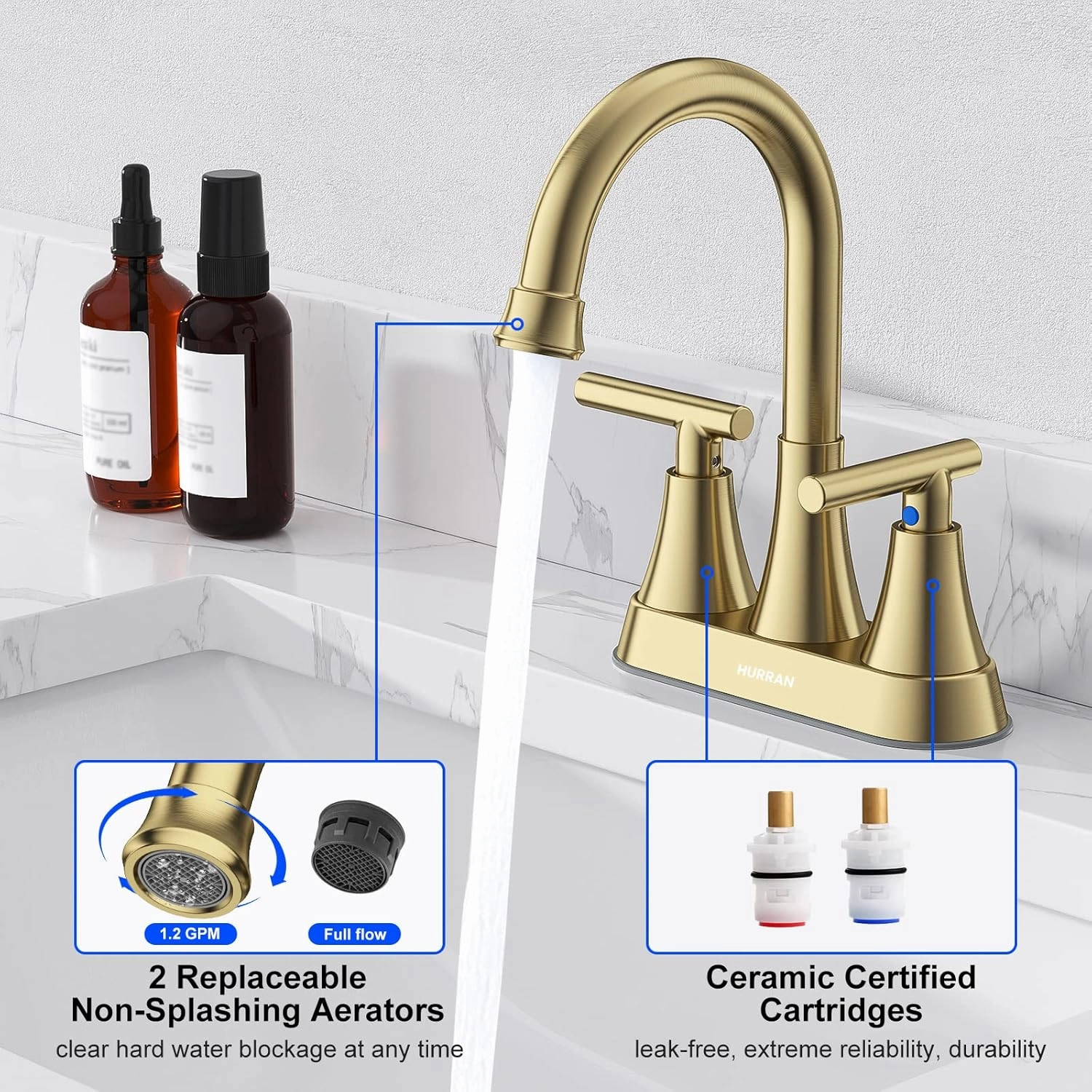 4 inch Brushed Gold Bathroom Sink Faucet with Pop-up Drain and 2 Supply Hoses, Stainless Steel Lead-Free 2-Handle Centerset Faucet for Bathroom Sink Vanity RV