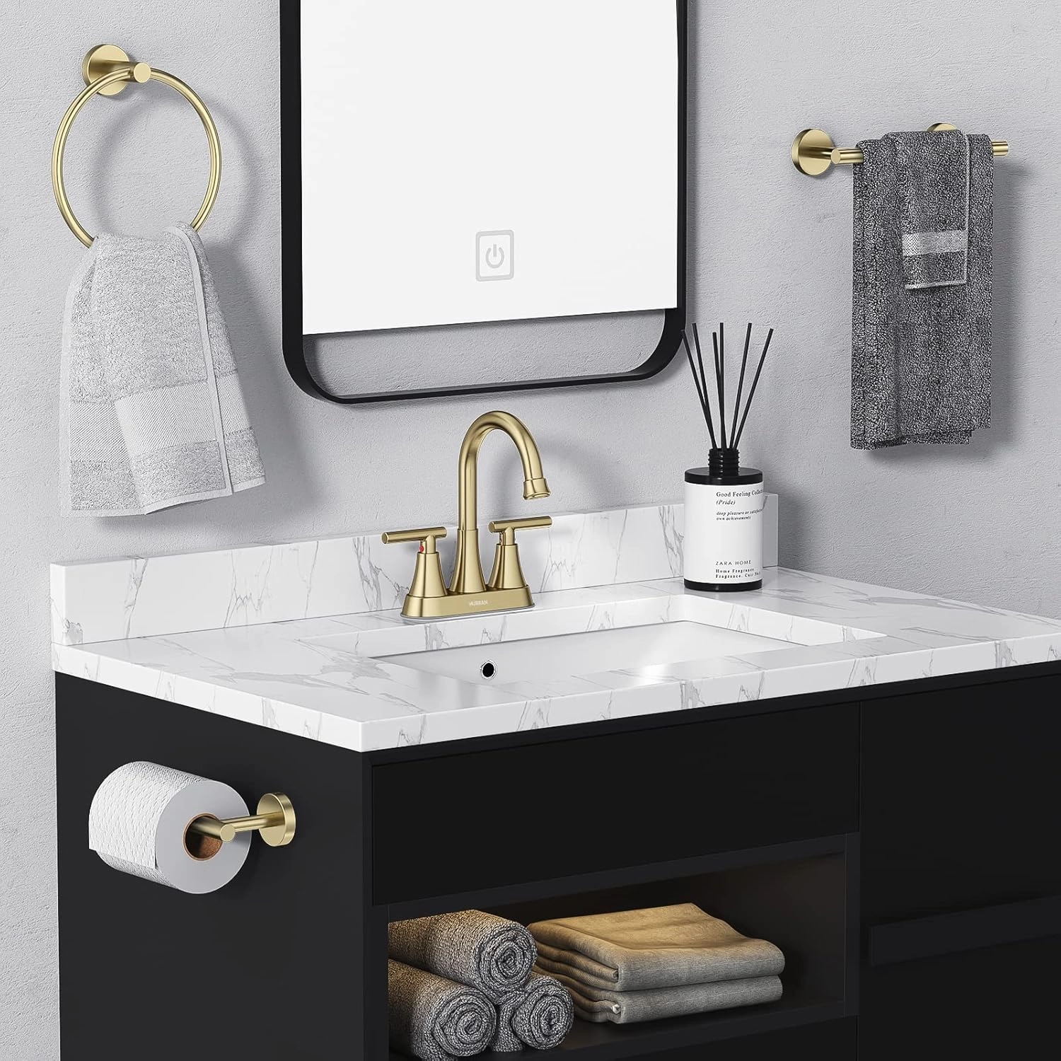 4 inch Brushed Gold Bathroom Sink Faucet with Pop-up Drain and 2 Supply Hoses, Stainless Steel Lead-Free 2-Handle Centerset Faucet for Bathroom Sink Vanity RV