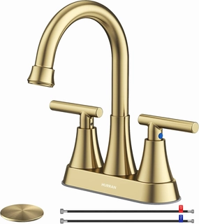 4 inch Brushed Gold Bathroom Sink Faucet with Pop-up Drain and 2 Supply Hoses, Stainless Steel Lead-Free 2-Handle Centerset Faucet for Bathroom Sink Vanity RV